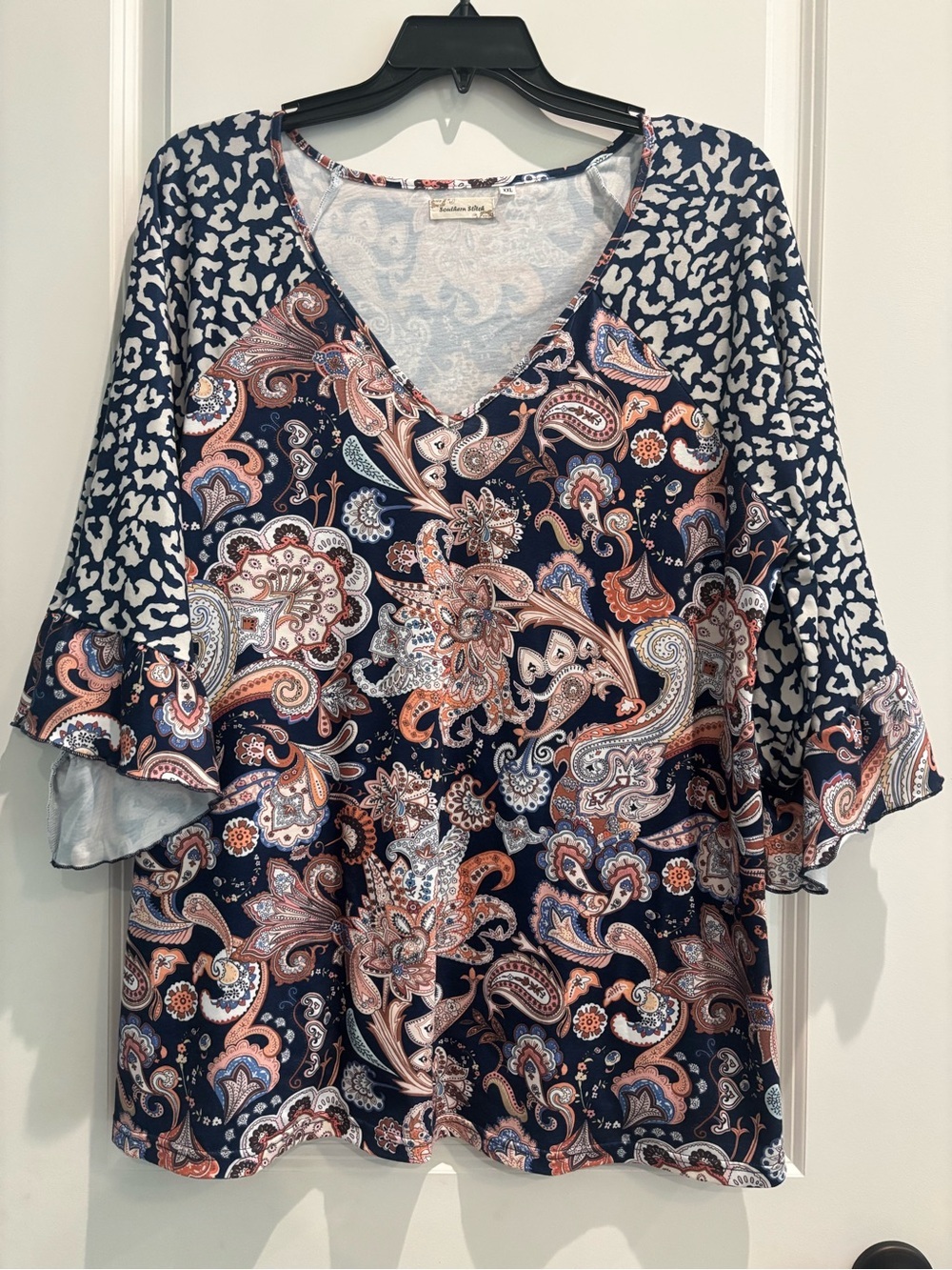 Southern Stitch Paisley Animal Print Bell Sleeve Blouse XXL Boho Top NWOT Plus